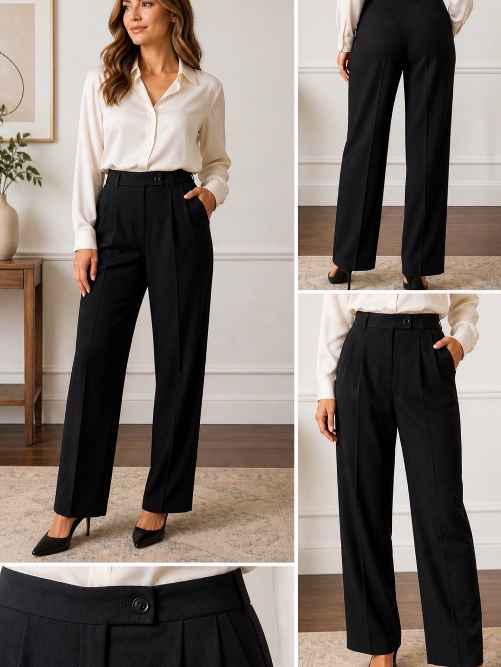 Vintage Black Wool Trousers High Waist Straight Leg Tailored Pants Size 10